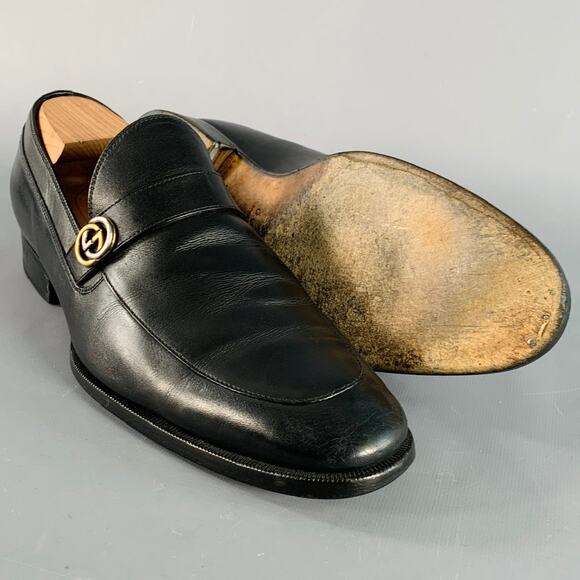 GUCCI Size 8.5 Black GG Monogram Leather Strap Slip On Loafers - Picture 5 of 8
